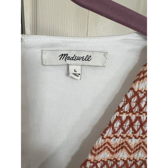 Madewell Sz Large V Neck Smocked Embroidered Poplin Cotton Summer Mini Dress NWT - Picture 4 of 10